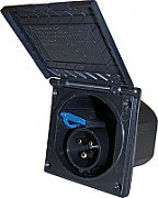 Doză patrată pentru exterior rulote / autorulote cu ștecher CEE si capac rabatabil, IP44, 16A