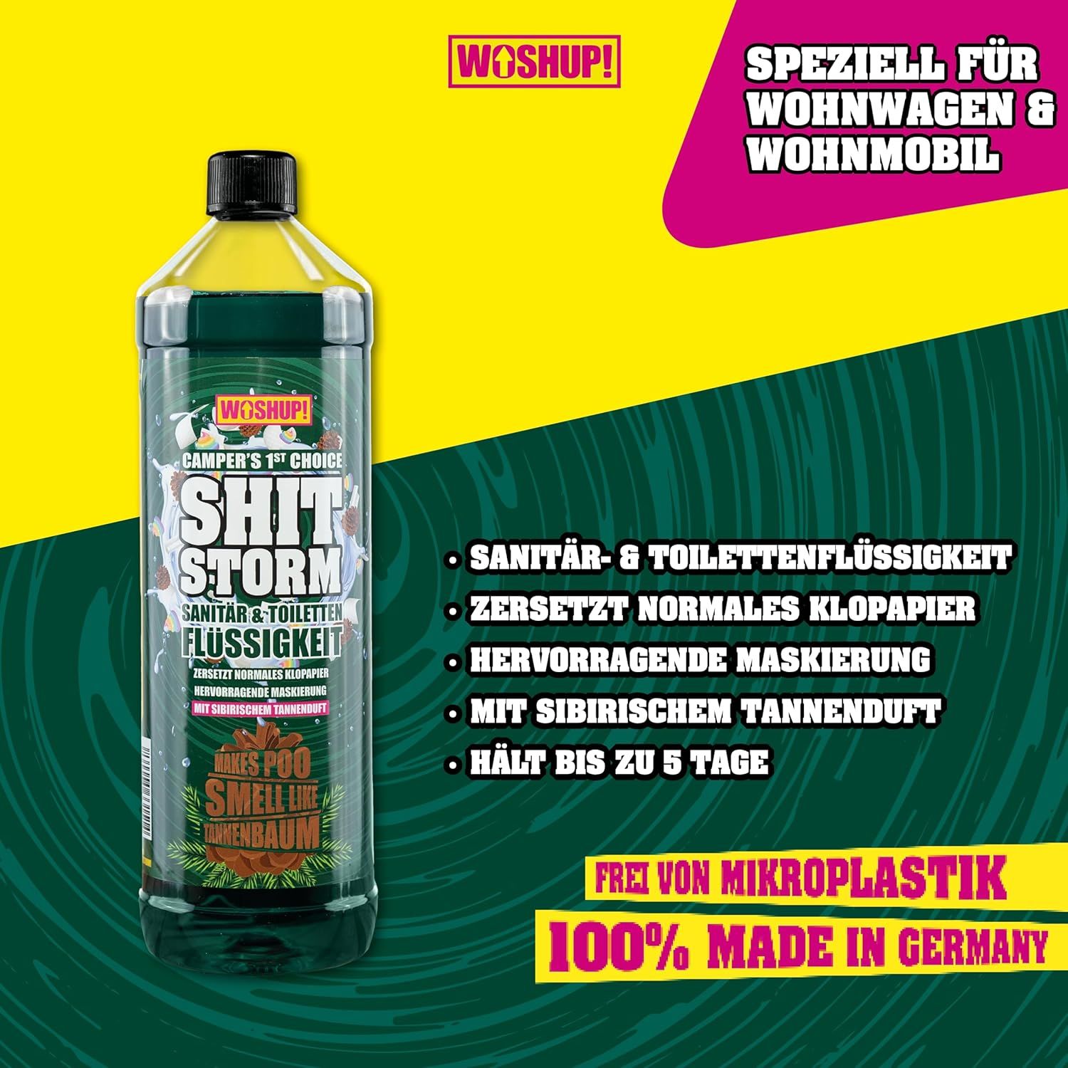 WOSHUP! Storm Liquid Sanitar Lichid de toaletă pentru toaletă de camping cu miros de brad -1000 ml aditiv de toaletă pentru fecale și rezervor de apă uzată, casetă și toaletă chimică