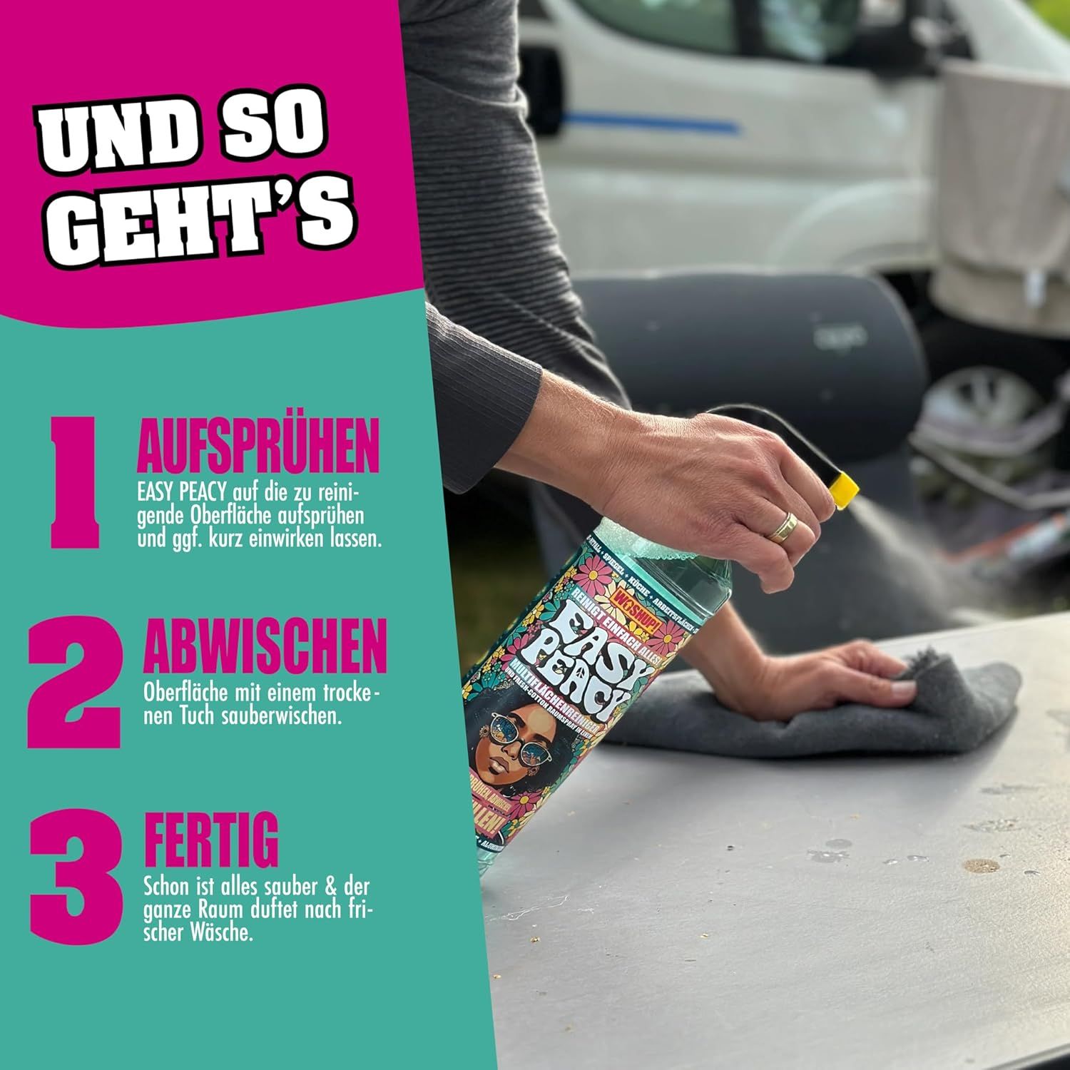 WOSHUP! Easy Peacy Detergent multifuncțional 1000 ml Detergent pentru suprafețe multiple pentru mese, bucătărie, blaturi, vitrine, accesorii și interior